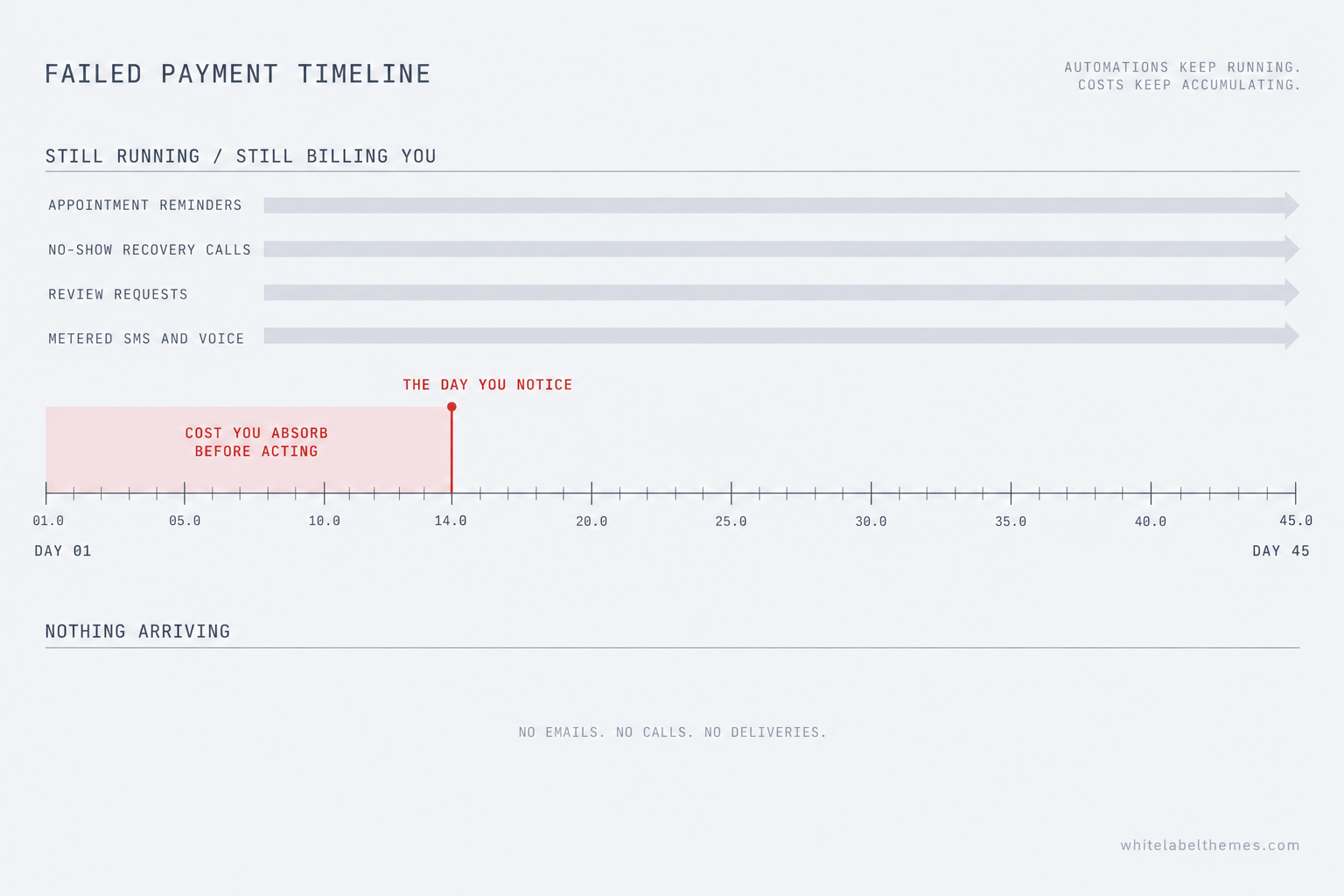 A horizontal timeline from day one to day forty-five. Along the top, a band labelled still running and still billing you lists the appointment reminders, no-show recovery calls, review requests and metered SMS and voice that continue after the card declines. Along the bottom, a band labelled nothing arriving stays empty. A vertical marker near day fourteen is labelled the day you usually notice, and a wedge between the card decline on day one and that marker is shaded as the cost you absorb before acting.