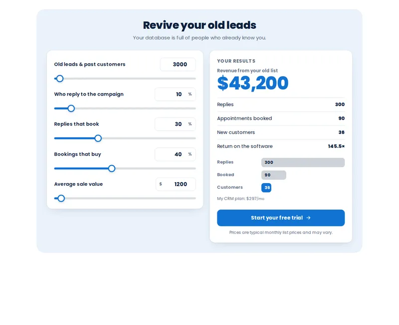 Database reactivation calculator with sliders for old leads, reply rate, booking rate and average sale, showing projected revenue