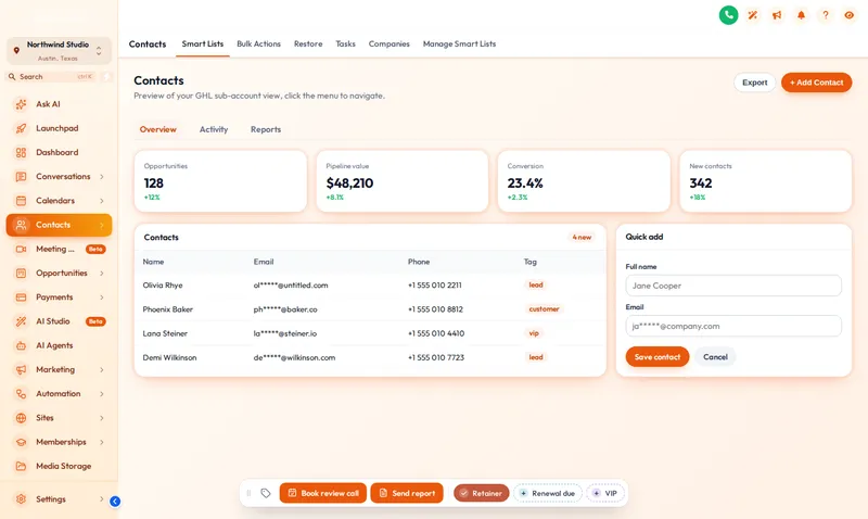 GoHighLevel contact page in the Golden Hour theme with a contact actions bar along the bottom: retainer, renewal due and VIP quick tags plus review call and report buttons