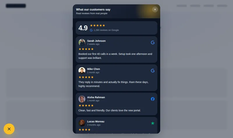 Dark testimonials modal opened from a floating launcher, showing a 4.9 rating and four customer review cards