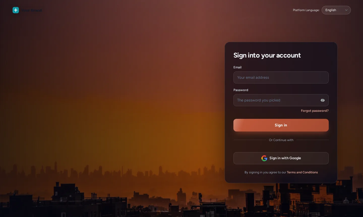 GoHighLevel white-label sign-in page in the Cinematic design: a full-screen dusk city photo with a frosted sign-in card and orange button