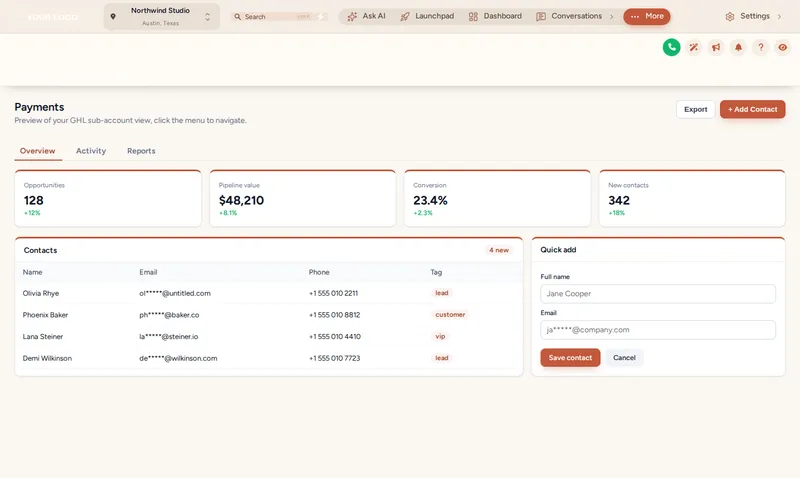GoHighLevel payments page with a segmented top-bar navigation and a brand-coloured header in the Desert Sand theme