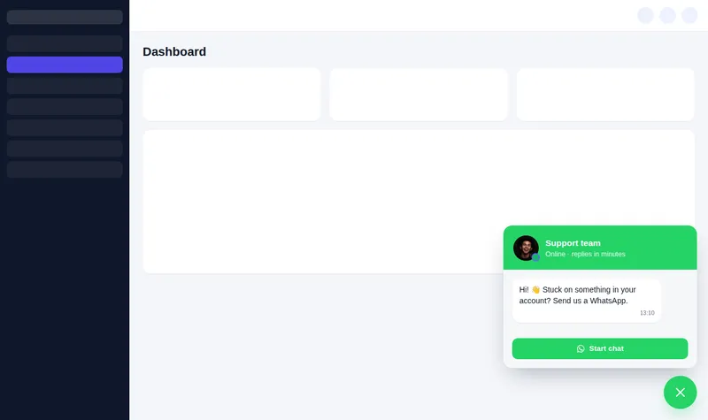 WhatsApp support notification card inside a CRM screen, with a Support team header and a Start chat button