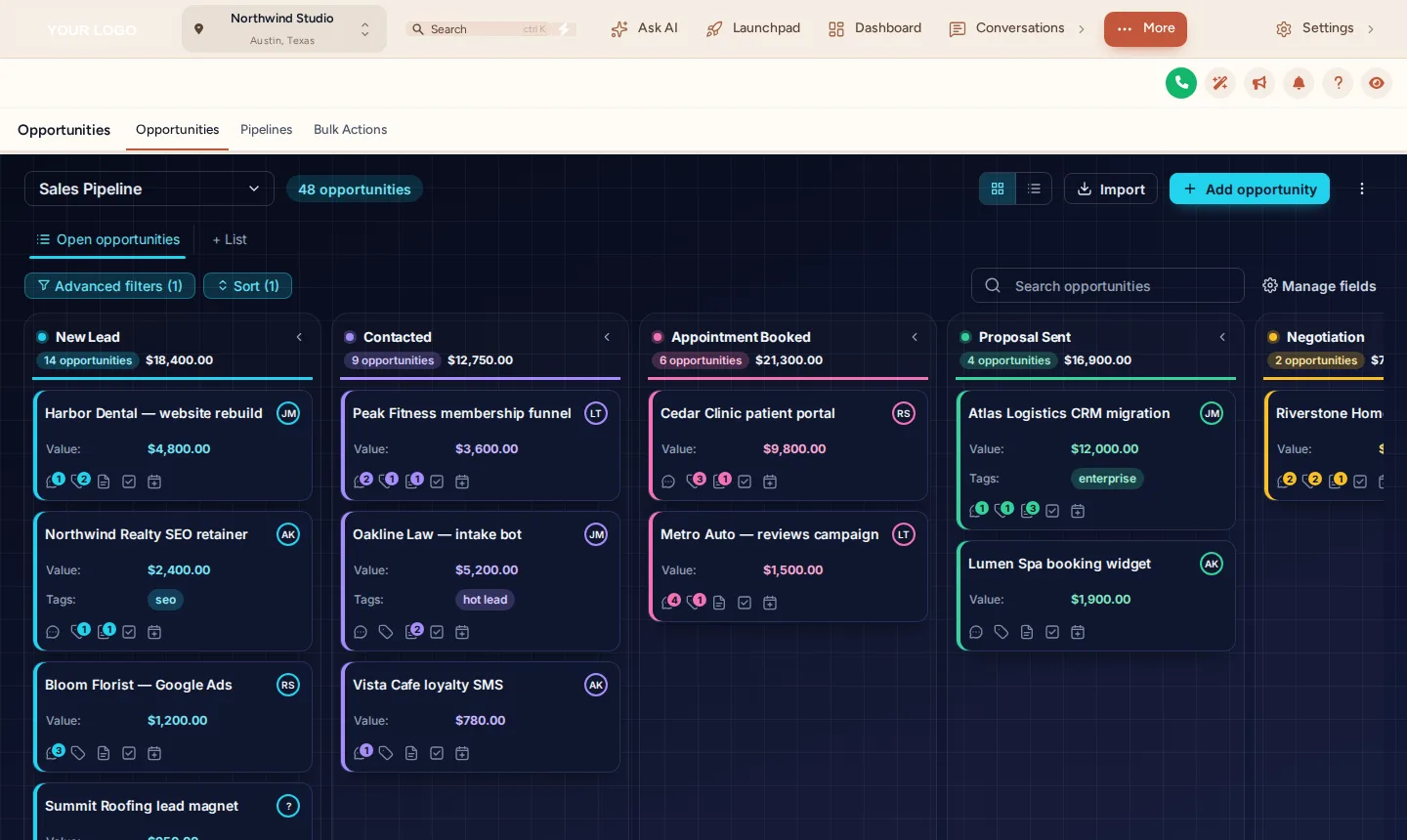 GoHighLevel opportunities board in the Midnight Neon design: deep navy columns with glowing cyan and violet stage lines