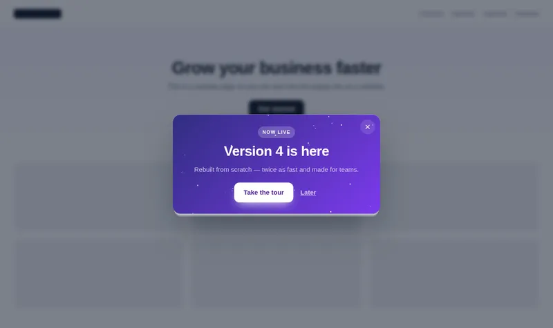 Website popup in the 3D cube launch template announcing a new version with a Take the tour button