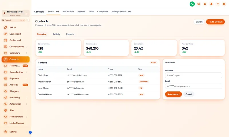 GoHighLevel contacts page in the Golden Hour theme with a warm peach sidebar and the Side Accent UI kit on the cards